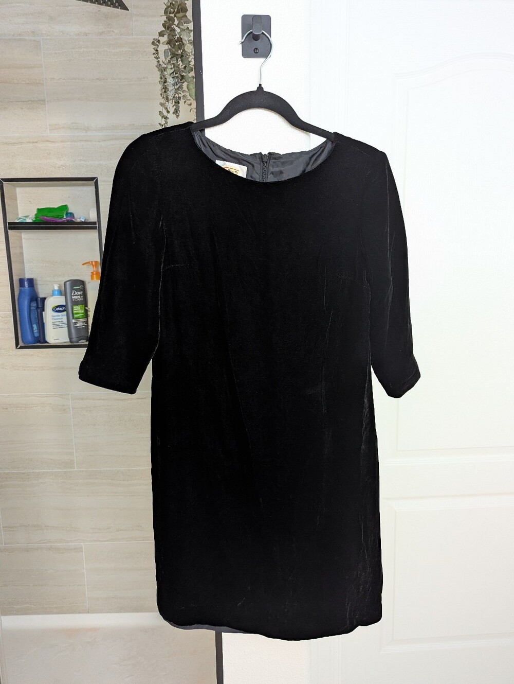 Vintage Talbot's Petites Black Velvet Shift Dress Boat Neck Elbow Sleeves